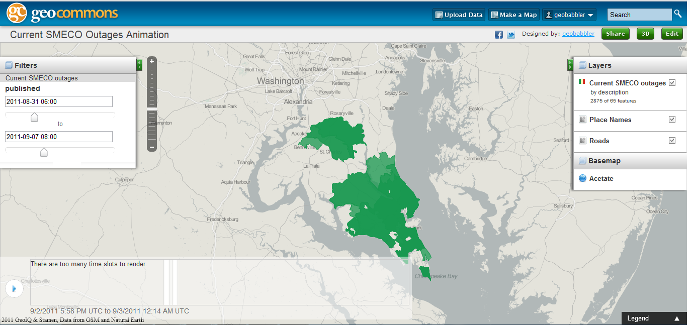 GeoCommons map animating power outage data
